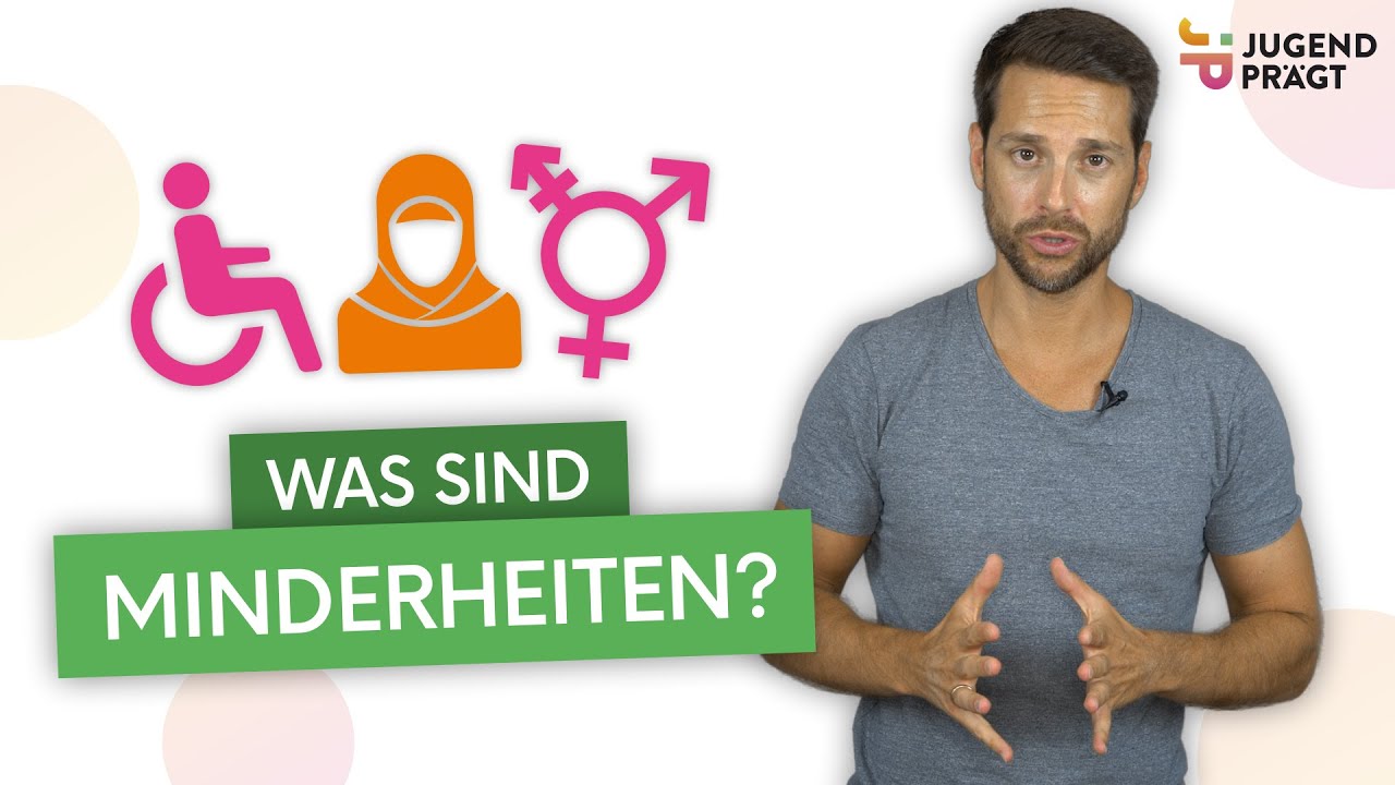 Auf dem Bild sieht man einen Mann der mit seiner Gestik und Haltung scheinbar etwas erklärt. Daneben steht Was sind Minderheiten? über der Schrift ist in Comicform ein Rollstuhlfahrer, eine Frau mit Kopftuch und das Symbol für sexuelle Diversität abgebildet. Das Bild gehört zum Beitrag Allein gegen Alle