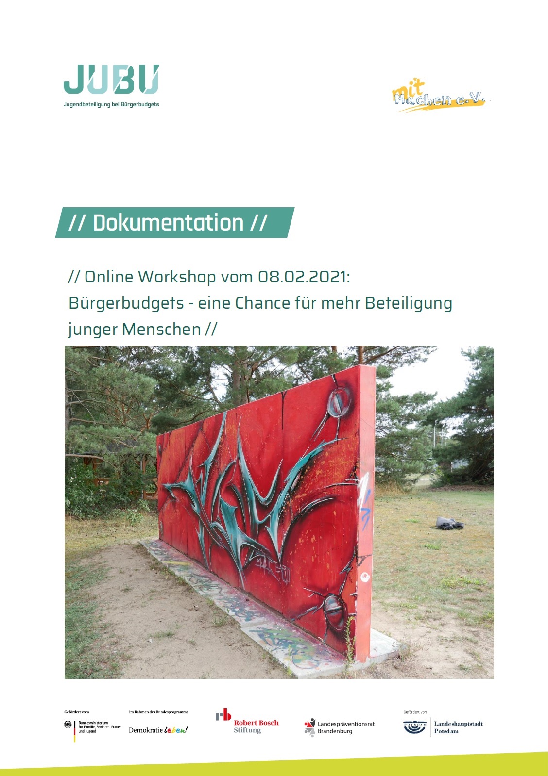 Auf dem Bild sieht man ein Foto. Auf dem Foto ist mutmaßlich ein Teil eines Parks zu sehen, in dem frei eine Mauer steht die rot angemalt ist und auf der sich wiederum ein Graffitibild befindet. Über dem Foto steht Dokumentation Online Workshop vom 08.02.2021: Bürgerbudgets - eine Chance für mehr Beteiligung junger Menschen