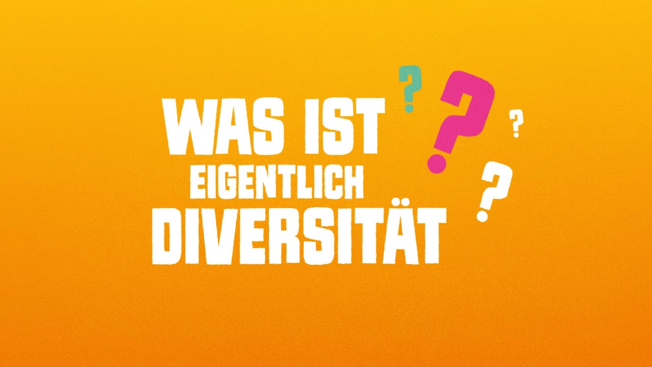 Das Bild ist Orange. Darauf steht mit weißer Schrift Was ist eigentlich Diversität geschrieben unterschiedlich große und farbige Fragezeichen umranden die Schrift. Das Bild gehört zum Beitrag Diversität einfach erklärt