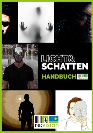 Auf dem Bild sind mehrere Bilder abgebildet. Ein Mensch mit einer Maske auf, ein Mensch wie er die Maske abnimmt und ein Teil des Gesichts zu erkennen ist, ein Schatten eines Menschen der vor einem Licht steht. Die Silhouette eines Menschen der seine Hände gegen eine Scheibe drückt. In der Mitte des Bildes steht Licht und Schatten Handbuch re:vision