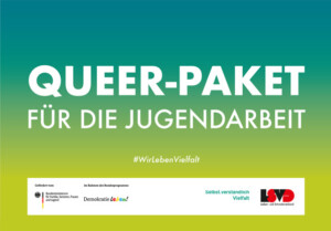 Auf dem Bild liegt ein Karton auf dem steht Queer-Paket für die Jugendarbeit, vor und daneben liegt der Inhalt des Kartons. Unterschiedliche Heftchen, Kalender, Karten und eine Fahne