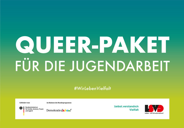 Auf dem Bild liegt ein Karton auf dem steht Queer-Paket für die Jugendarbeit, vor und daneben liegt der Inhalt des Kartons. Unterschiedliche Heftchen, Kalender, Karten und eine Fahne