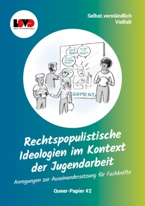 Auf em Bild sieht man mutmaßlich eine Jugendarbeiterin an einer Art Tafel stehen auf der eine aggressive Person zu sehen ist neben der Person auf der Tafel sind Sprechblasen angebracht. Eine Person bringt gerade eiine Sprechblase an der tafel an und zwei Personen stehen etwas abseits davor und haben Sprechblasen in der Hand. Unter dem Bild steht Rechtspopulistische Ideologien im Kontext der Jugendarbeit