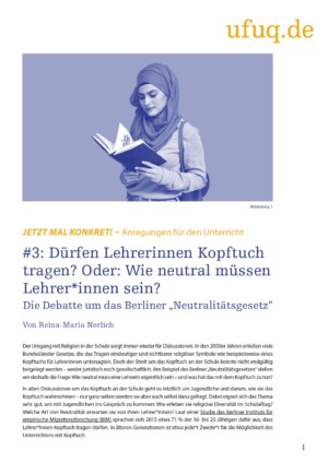 Auf dem Bild sieht man eine Frau die ein Kopftuch trägt und etwas ließt. darunter steht. Dürfen Lehrerinnen Kopftuch tragen?