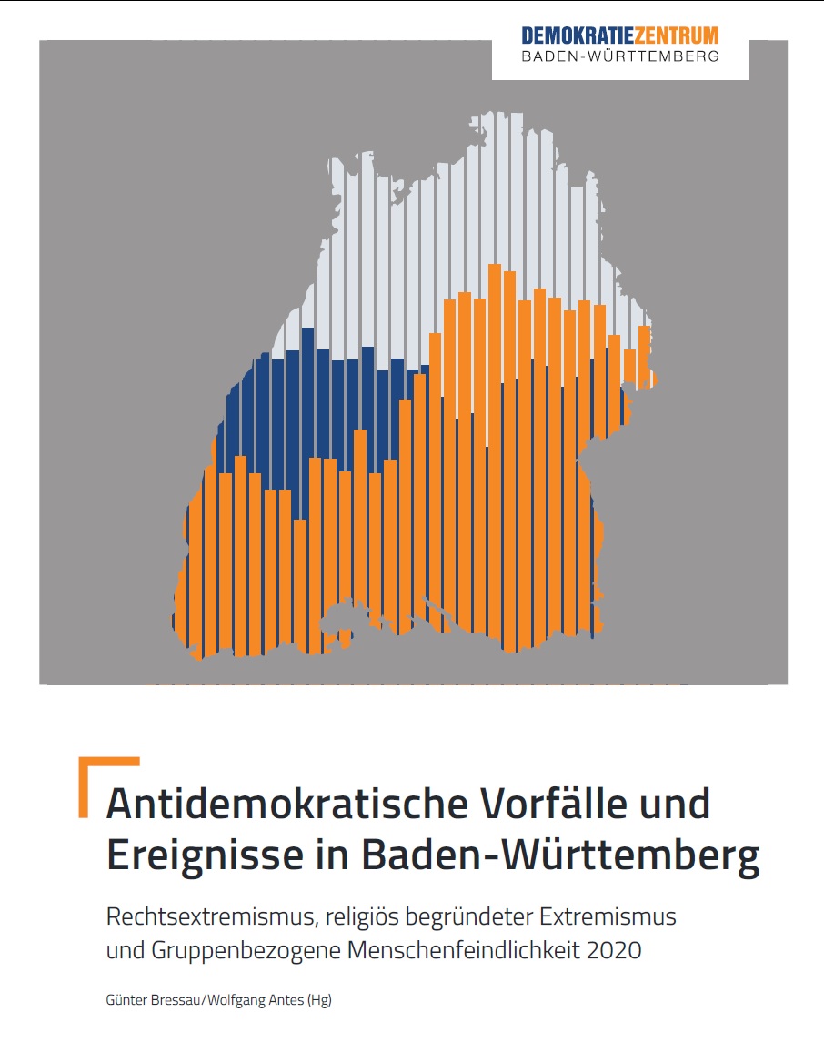Auf dem Bild sieht man die Konturen des Bundeslandes Baden-Württemberg, das mit unterschiedlich gefärbten Streifen gefüllt ist. Darunter steht Antidemokratische Vorfälle 2020 und Ereignisse in Baden-Württemberg Rechtsextremismus, religiös begründeter Extremismus und Gruppenbezogene Menschenfeindlichkeit