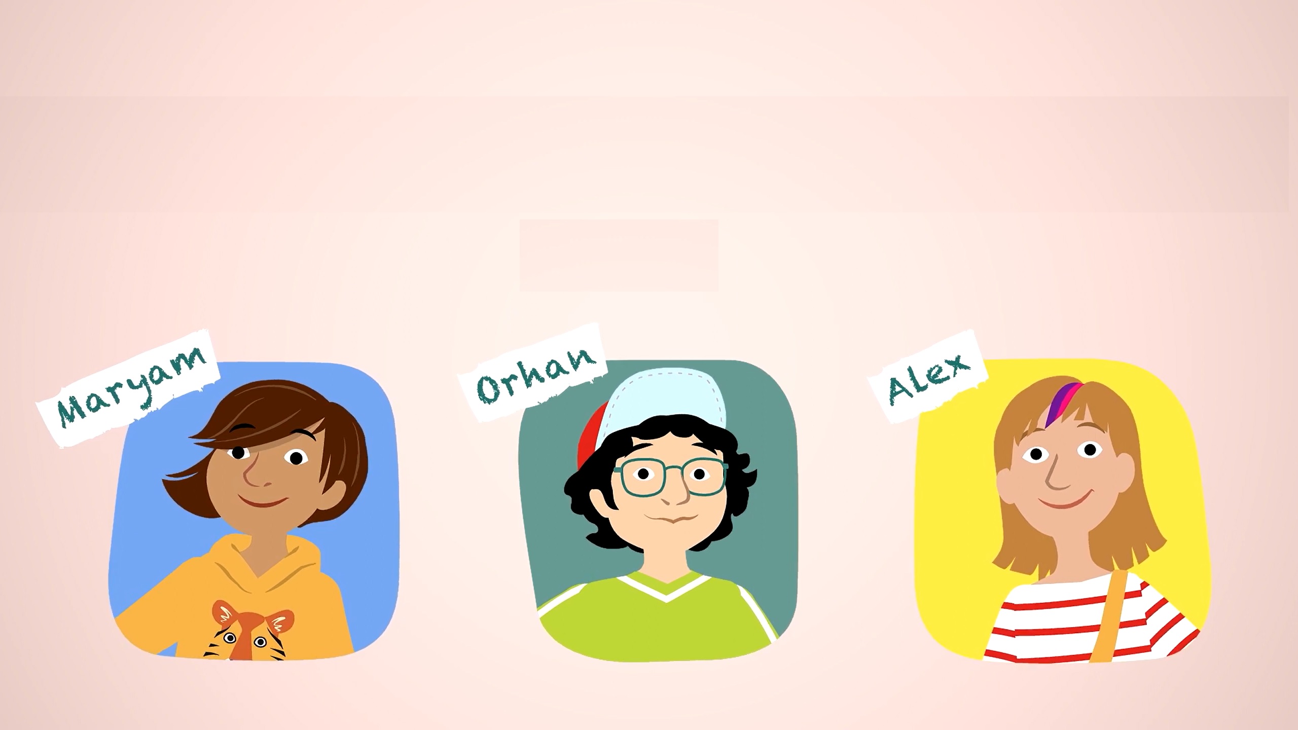 Auf dem Bild sieht man Bilder von drei Kindern Maryam, Orhan, Alex, alle im Comicstil gehalten. Das Bild gehört zum Beitrag Geschichten die bewegen