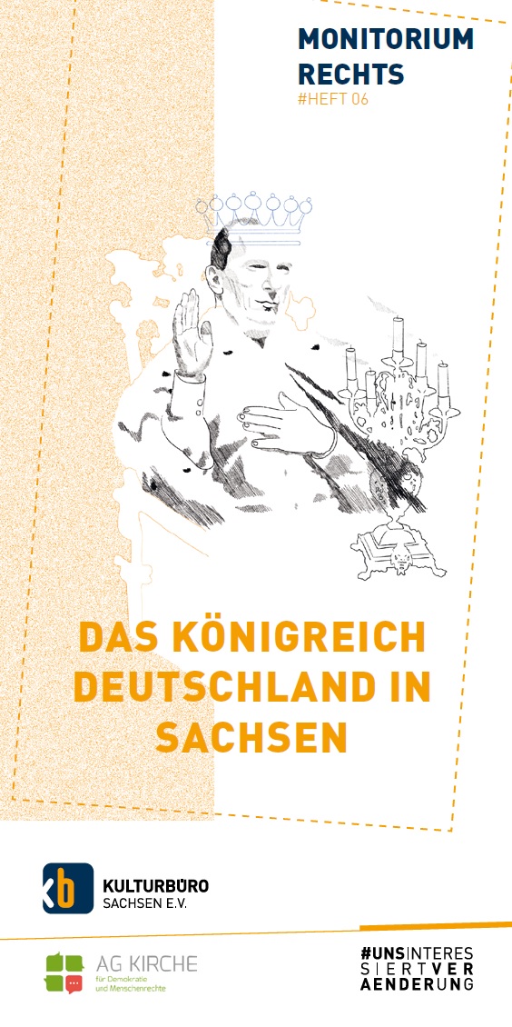 Auf dem Bild sieht man eine gezeichnete Person die ein Krone auf dem Kopf trägt und seine Hand zum Schwur hebt. Darunter steht Das Königreich Deutschland in Sachsen.