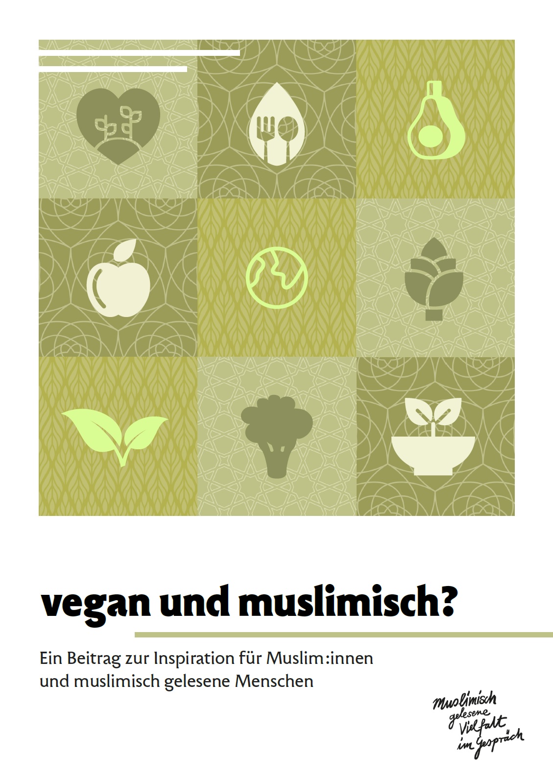 Auf dem Bild sind unterschiedliche Symbole abgebildet ein Blume, Apfel, Messer und Gabel etc. Darunter stehr vegan und muslimisch