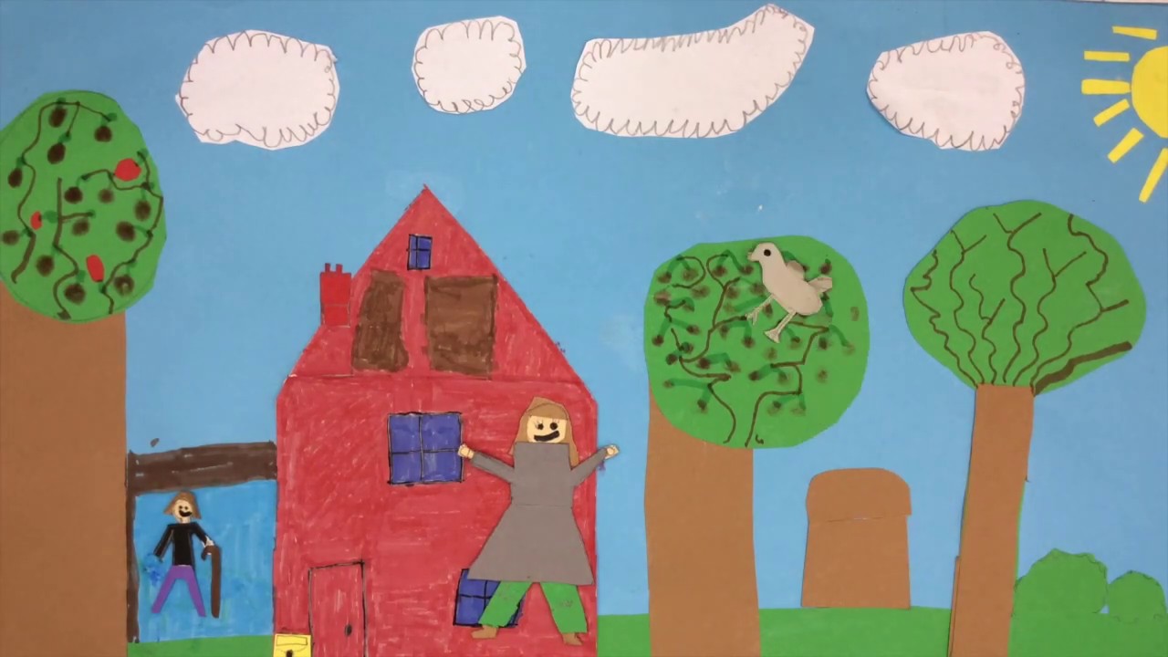 Auf dem Bild sieht man ein, mutmaßlich von Grundschulkindern, gezeichnetes Bild. Es zeigt ein Haus, Wolken, Sonne, Bäume einen Vogel und Menschen.