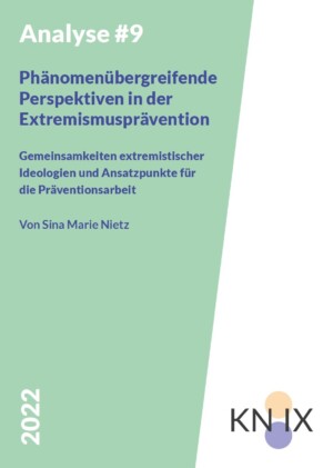 Das bild ist zur Hälfte geteilt. Ein Teil ist türkis gefärbt, der andere weiß. Auf dem türkisen Teil steht analyse #9 phänomenübergreifendn perspektiven in der extremismusprävention