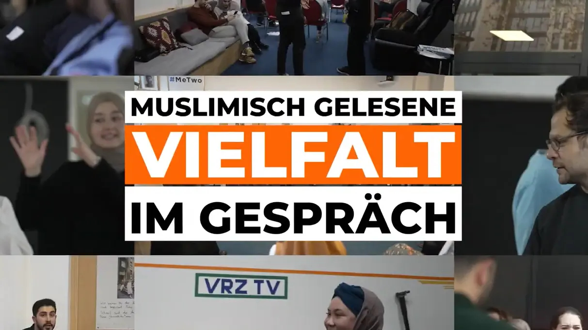 Auf dem Bild sind mehrere aneinandergereihte Bilderausschnitte zu sehen, die Menschen bei unterschiedlichen Aktivitäten zeigen. In der Mitte des Bildes steht Muslimisch gelesene Vielfalt im gespräch. Das Bild gehört zum Beitrag mg Vielfalt - unser Projektvideo