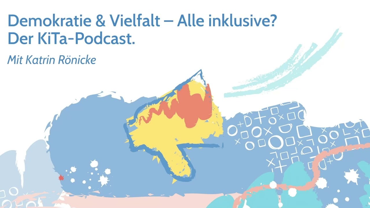 Das Bild ist sehr bunt. Man sieht ein Megafon. Darüber steht Demokratie & Vielfalt - Alle inklusive? Der KiTa-Podcast. Das Bild gehört zum Beitrag Austausch auf Augenhoehe