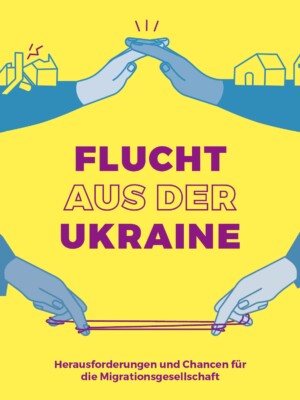 Das Bild hat einen gelben Hintergrund. Oben sieht man von beiden Seiten kommend jeweils einen Arm mit Hand die ihre Finger miteinander kreuzen. Auf dem Armfläche ist links ein zerstörtes Haus zu sehen, rechts ein intaktes. Darunter sieht man ebenfalls zwei Hände und die Anfänge der Arme. Die Hände sind aber sehr viel weiter auseinander und sind verbunden mit einem Faden der sich um mehrere Finger windet. Zwischen den Armen oben und unten steht Flucht aus der Ukraine