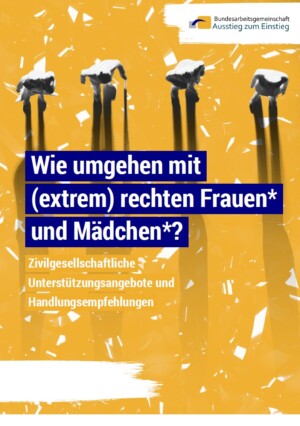 Auf dem Bild sieht man von oben animierte Figuren die alle einen langen Schatten werfen. Der Hintergrund ist orange mit einzelnen weißen Flecken. Auf dem Bild steht Wie umgehen mit rechten Frauen und Mädchen