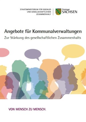 Auf dem Bild sieht man Silhouetten von Gesichtern, jede:r in einer anderen Farbe gehalten, über den Gesichtern sind leere bunte Sprechblasen eingefügt. Darunter steht von Mensch zu Mensch