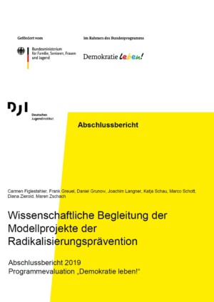 Auf dem Bild steht Wissenschaftliche Begleitung der Modellprojekte der Radikalisierungsprävention. Abschlussbericht 2019. Programmevaluation „Demokratie leben!“