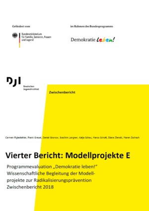 Auf dem Bild steht Vierter Bericht: Modellprojekte E Programmevaluation „Demokratie leben!“ Wissenschaftliche Begleitung der Modellprojekte zur Radikalisierungsprävention Zwischenbericht 2018