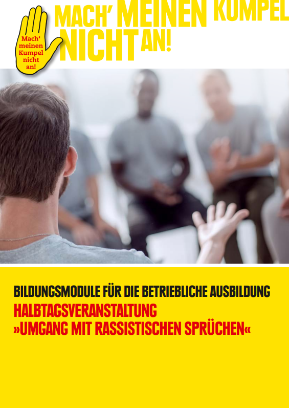 Auf dem Bild sieht man Menschen, die in einem Stuhlkreis sitzen und miteinander diskutieren. Oben links ist die "gelbe Hand" von "Mach meinen Kumpel nicht an".