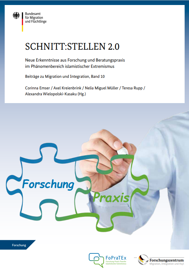 Auf dem Cover sieht man zwei Puzzleteile. Eins in Grün und eins in Blau. Auf dem blauen steht "Forschung" und auf dem anderen "Praxis". Sie sind miteinander verbunden und eine Person im Hintergrund malt die beiden Puzzleteile mit einem Stift.