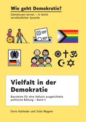 Auf dem Bild sieht man unterschiedliche Symbole von Diversität, wie die Transfahne, unterschiedliche religiöse Symbole, Menschen verschiedener Hautfarbe usw. Zudem steht auf dem Bild Wie geht Demokratie? Vielfalt in der Demokratie