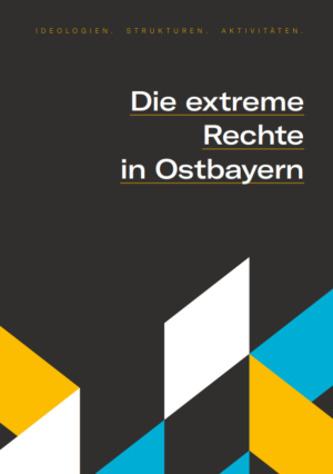 Das Cover ist schwarz und im unteren Teil des Covers sieht man weiße, hellblaue und gelbe Vierecke. Oben rechts steht die extreme rechte in Ostbayern