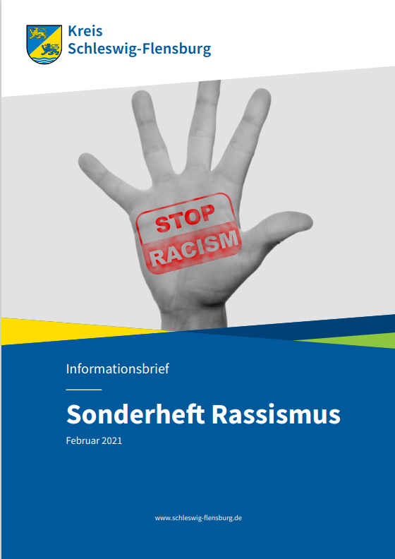 Das Cover zeigt eine Hand, auf dessen Handfläche STOP RSCISM steht. Darunter ist ein blaues, gelbes und grünes Banner auf dem der Titel "Sonderheft Rassismus" steht.