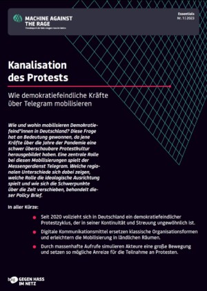 Das Bild ist das Cover des Policy Briefs vom Kanalisation des Protests. Das Bild hat einen schwarzen Hintergrund, auf dem der Titel und eine Kurzzusammenfassung steht.