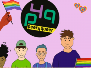 Man sieht verschiedene Jugendliche. In der Mitte steht auf einem schwarzen Kreis "p4q peer4queer". Links sieht man eine Hand, die eine Regenbogenfahne schwingt. Im rechten Bildrand sieht man zwei Herzen in Regenbogenfarben.