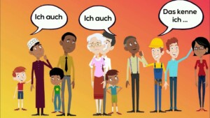Auf dem Bild sieht man verschiedene animierte Personen mit unterschiedlichen Hintergründen, drei Sprechblasen sind über den Personen in denen steht Ich auch, ich auch, Das kenne ich... Das Bild gehört zum Beitrag Antidiskriminierungsarbeit in Bayern