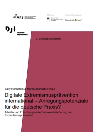 Das Cover ist zweifarbig. Es ist weiß und auf der rechten Seite ist ein lilafarbener breiter Balken, der mehr als die Hälfte des Bildes einnimmt. In der Mitte steht der Titel "Digitale Extremismusprävention international - Anregungspotenziale für die deutsche Praxis?"