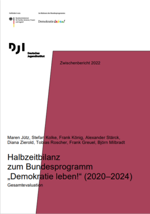 Das Cover ist zweifarbig. Es ist weiß und auf der rechten Seite ist ein lilafarbener breiter Balken, der mehr als die Hälfte des Bildes einnimmt. In der Mitte steht der Titel "Halbzeitbilanz zum Bundesprogramm "Demokratie leben!" (2020-2024).