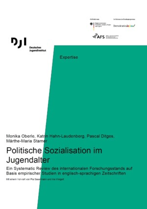 Auf dem Bild sind oben die Logos des DJI der ASF und von Demokratie leben abgebildet. In der Mitte stehen die Autoren und der Titel der Broschüre Politische Sozialisation im Jugendalter