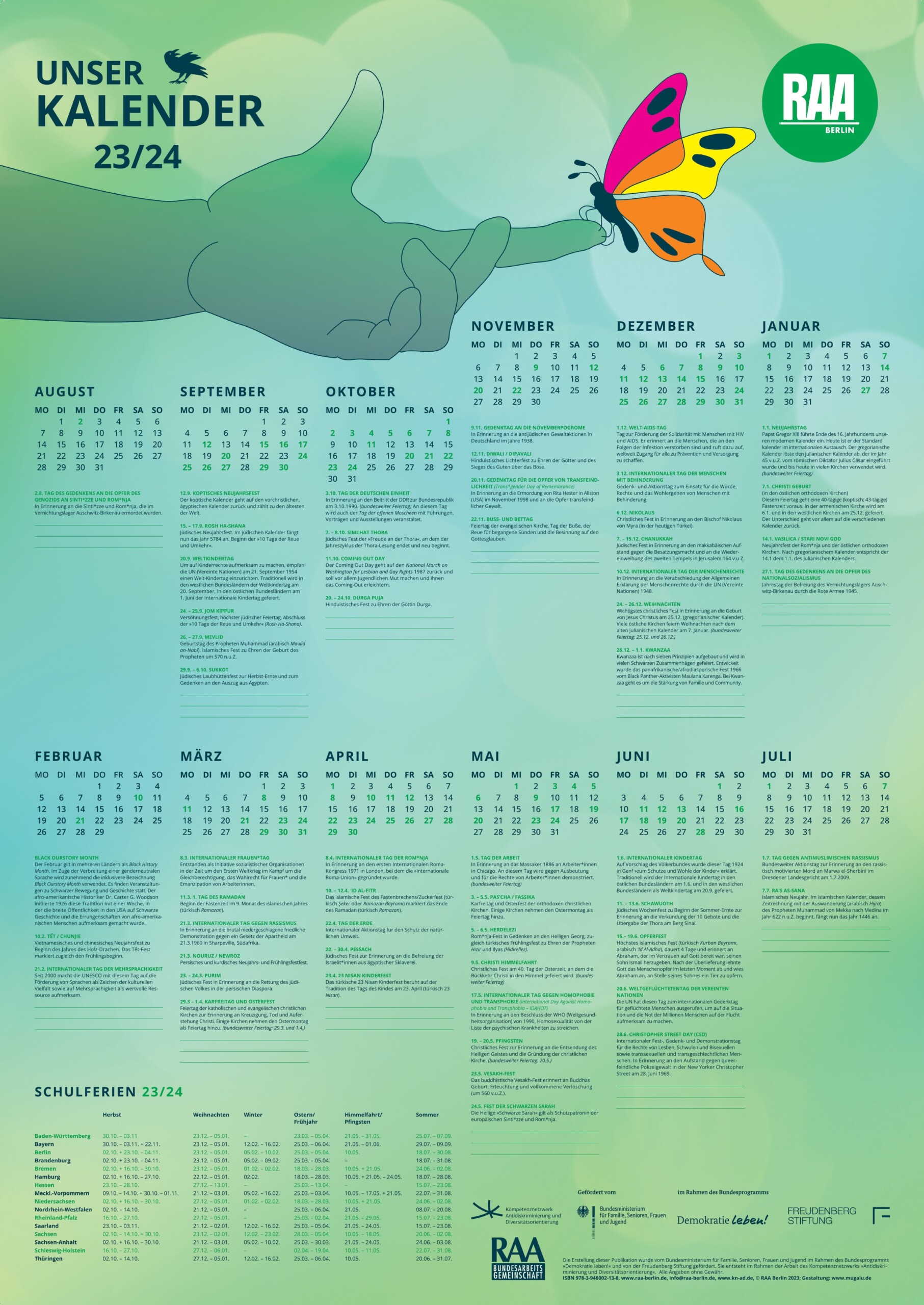 Auf dem Bild ist ein Jahreskalender zu sehen. Über den Monaten, Wochen und Tagen ist eine Hand zu sehen und auf dem Zeigefinger sitzt ein Schmetterling. Darüber steht Unser Kalender 2023-2024