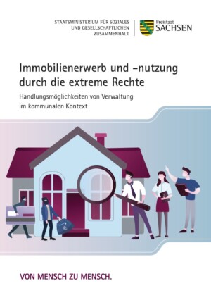 Auf dem Bild steht Immobilienerwerb und -nutzung durch die extreme Rechte. Darunter ist ein Haus abgebildet, in dem zwei Menschen unmittelbar davor stehen. Beide sind vermummt, einer hat eine Geldtasche bei sich, der andere eine überdimensionierte Kreditkarte. Im Bild etwas abseitsstehen sind ebenfalls drei Menschen abgebildet. Einer hat eine überdimensionierte Lupe in der Hand, die anderen beiden Schriftstücke