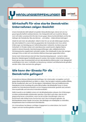 Auf dem Bild steht als Hauptüberschrift Handlungsempfehlungen, darunter Wirtschaft für eine starke Demokratie