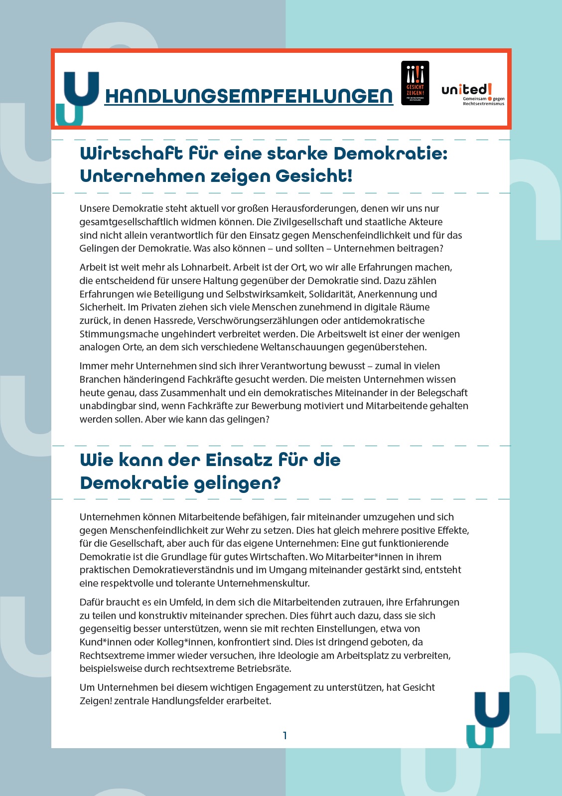 Auf dem Bild steht als Hauptüberschrift Handlungsempfehlungen, darunter Wirtschaft für eine starke Demokratie