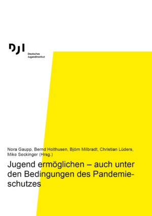 Das Bild ist in weißer und gelber Farbe unterteilt. Darauf steht mit schwarzer Schrift geschrieben Jugendermöglichen - auch unter Bedingungen des Pandemieschutzes