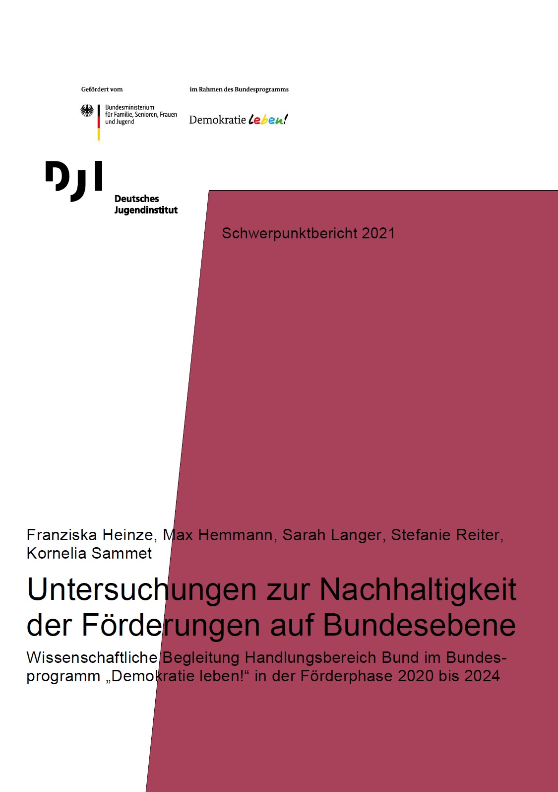 Das Bild ist in einen Teil mit weißer und in einen Teil mit lila Farbe geteilt. Darauf steht mit schwarzer Schrift geschrieben Schwerpunktbericht 2021: Untersuchungen zur Nachhaltigkeit der Förderungen auf Bundesebene