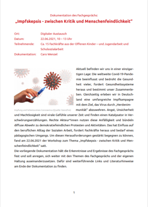 Das Cover zeigt die erste Seite der Dokumentation des Fachgesprächs "Impfskepsis". Man sieht eine Abbildung, auf der jemand mit einer Spritze in ein Coronavirus spritzt.