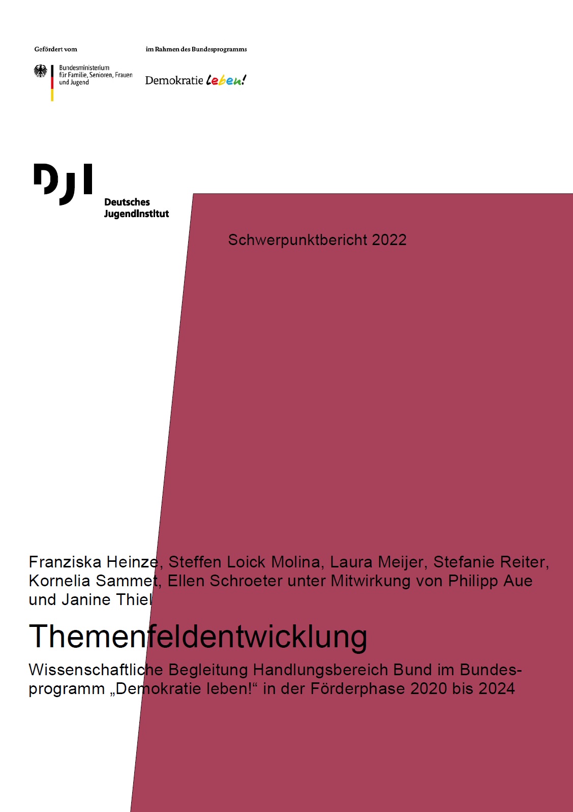 Das Bild ist durch einen weißen und lila Hintergrund zweigeteilt. Darauf steht Schwerpunktbericht 2022: Themenfeldentwicklung