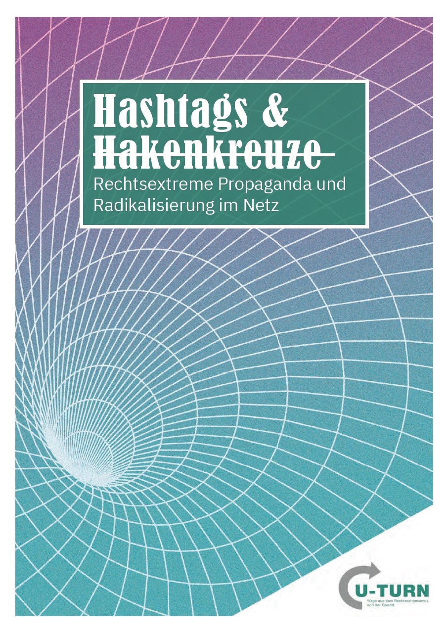 Als Überschrift steht auf dem Bild Hashtags und Hakenkreuze, wobei ein Strich das Wort Hakenkreuze in der Mitte durchzieht. Im Hintergrund sieht man eine Art 3D-Tunnel, der in die Tiefe führt.