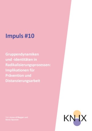 Das Bild ist in zwei Hälften geteilt. Die eine Seite ist rosa, auf der steht geschrieben Impuls #10 Gruppendynamiken und -identitäten in Radikalisierungsprozessen: Implikationen für Prävention und Distanzierungsarbeit, die andere Hälfte ist weiß, mit dem Logo von KN:IX.