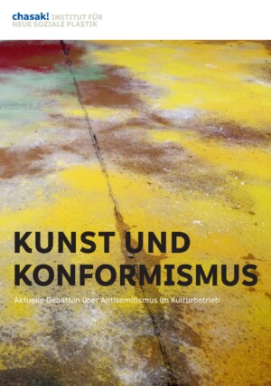 Als Hintergrund fungiert ein abstraktes Bild, auf dem unterschiedliche Farben ineinander laufen. Auf dem Bild steht Kunst und Konformismus. Aktuelle Debatten im Kulturbetrieb