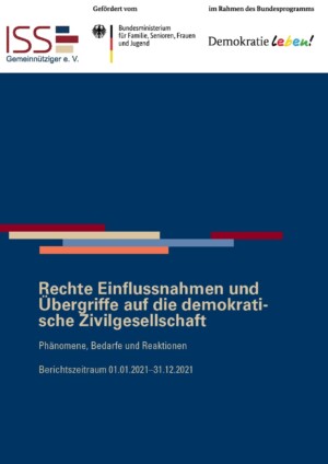 Im oberen Abschnitt sind das Logo vom ISS und vom Bundesprogramm Demokratie leben abgebildet. In der Mitte steht Rechte Einflussnahmen und Übergriffe auf die demokratische Zivilgesellschaft