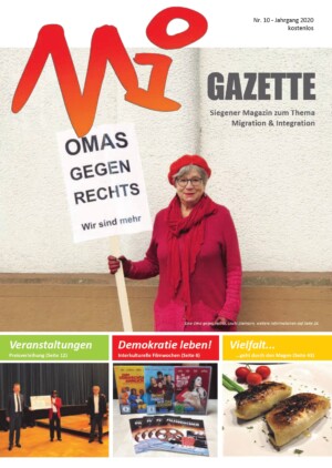 Auf dem Bild steht MiGazette, darauf eine ältere Frau mit einem Schild in der Hand Omas gegen Rechts, darunter drei Überschriften zu drei Rubriken: Veranstaltungen, Demokratie leben!, Vielfalt und jeweils ein passendes Foto unter den Rubriken