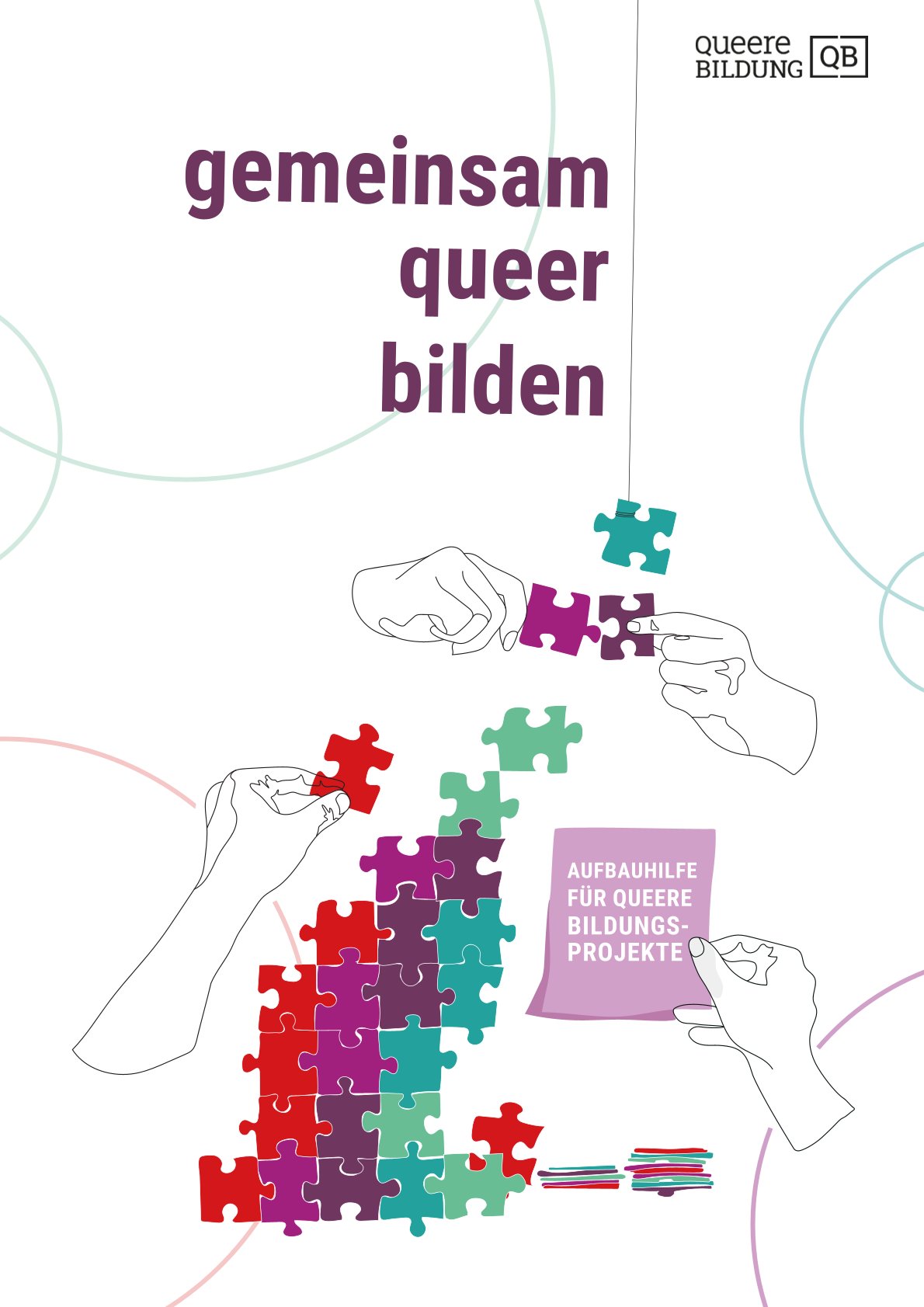 Auf dem Titelblatt dieser Broschüre befindet sich im oberen Drittel in lila der Titel "gemeinsam queer bilden". Darunter sind verschiedene ineinandergesteckte bunte Puzzlestücke und zwei Handpaare zu sehen, die diese zusammen puzzlen. Die unterste rechte Hand hält einen helllila Notizzettel, auf dem der Untertitel der Broschüre steht: "Aufbauhilfe für queere Bildungsprojekte".