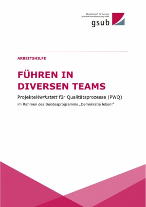 Auf dem Bild ist das Titelblatt der Arbeitshilfe zu sehen. Dort ist in der oberen Hälfte des Bildes in roter Schrift der Titel "Führen in diversen Teams" abgebildet. Darunter befindet sich in schwarzer Schrift der Projekttitel "ProjekteWerkstatt für Qualitätsprozesse (PWQ) im Rahmen des Bundesprogeams 'Demokratie leben!'". Am untersten Rand befinden sich 3 rote Dreiecke, die halbtransparent übereinandergelegt sind.