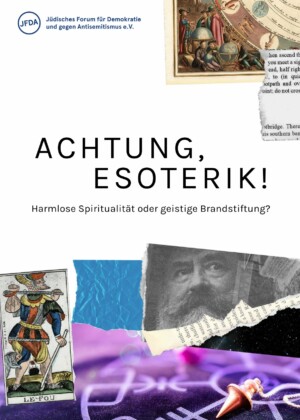 In der oberen rechten Ecke des Bildes befindet sich eine Abbildung einer altertümlichen Zeichnung einer Szene von Menschen, die um zwei Globusse verteilt sind und zudem ein Schnibsel aus einem Buch. In der linken oberen Ecke ist in blauer Schrift der Name der Herausgeber:in zu sehen: "Jüdisches Forum für Demokratie und gegen Antisemitismus e.V." und deren Abkürzung "JFDA" ist umkreist. Mittig ist in schwarzen großen Versalien der Haupttitel Achtung, Esoterik! abgebildet. Darunter befindet sich in kleinerer Schrift der Untertitel: "Harmlose Spiritualität oder geistige Brandstiftung?". Im unteren Drittel des Blattes ist eine Collage von verschiedenen Bildern zu sehen: ein Schwarz-Weiß Foto eines Mannes, eine gezeichnete alte Karte einer Figur, ein Pendel auf einem Brett mit Zeichen.