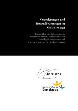 Das Bild ist in zwei Abschnitte geteilt. Der erste Hintergrund ist in Schwarz, der zweite in Weiß gehalten. Auf dem schwarzen Hintergrund steht Veränderungen und Herausforderungen im Gemeinwesen. Auf dem weißen Hintergrund sind die Logos der PfD und des Netzwerkes für Kinder- und Jugendarbeit e.V. abgebildet.