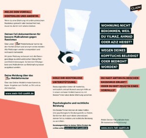 Dieses Bild ist die erste Seite des PDFs des Flyers "Mein Fall zählt", auf dem sich einige Textabschnitte mit Informationen finden, die teilweise rot oder schwarz hinterlegt sind. Der Hintergrund ist beige. Darauf befinden sich drei Hexagone in hellblau, hellgrün und ziegelrot, von denen zwei aus dem Bild ragen. Mittig im Bild auf dem hellblauen Hexagon befindet sich ein großes weißes Ausrufezeichen, dessen unterer Punkt ein Auge darstellt, welches aus einer schwarzen und einer weißen Sprechblase besteht.